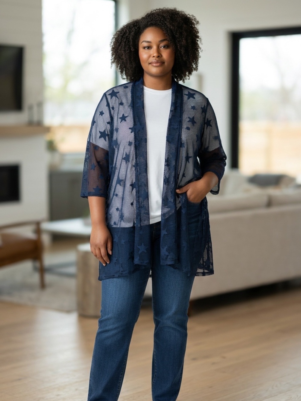 CATHERINES Blue Star Mesh Open Front Cardigan size 14/16w
